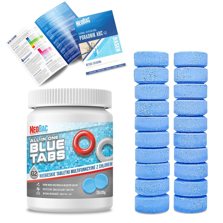 Tablete Clor Multifuncționale pentru Piscină NeoBac, Albastre, 20g, Set 20 Bucăți