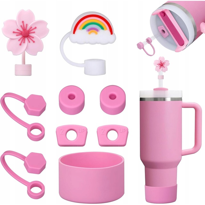 Set accesorii pentru cani, 8 piese, silicon, roz deschis, compatibil cu cani de 850 ml - 1,2 l