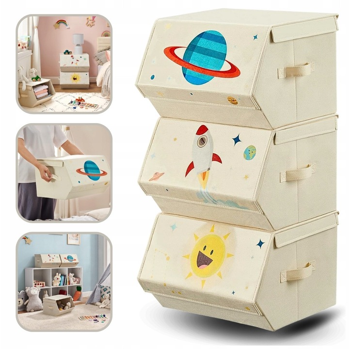 3 darab összecsukható szövet tárolódoboz készlet, űrtematikával, bézs színben