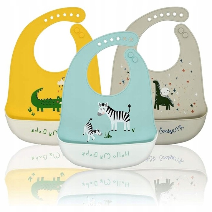 3 darabos szilikon előke szett, vízálló, babáknak, kék, szürke, sárga