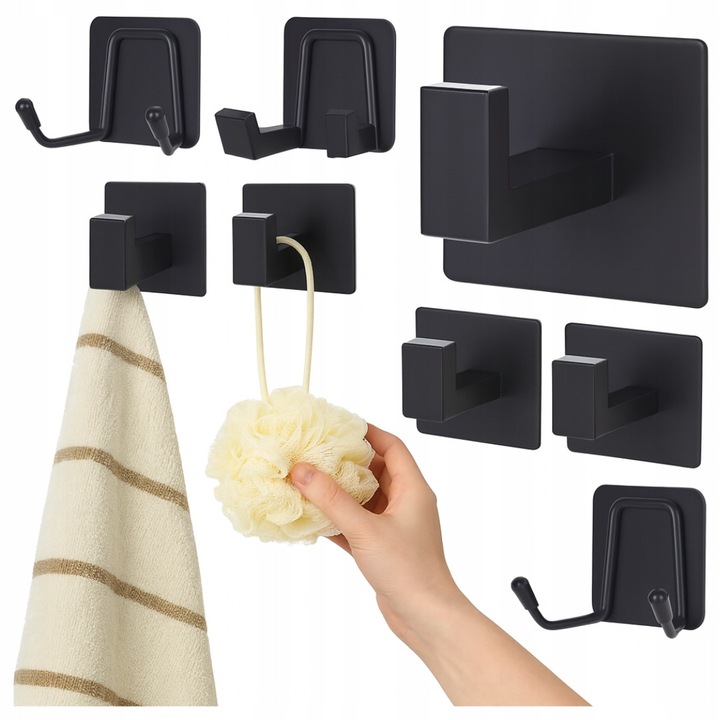 Set 6 suporturi autoadezive din inox, rezistente, pentru prosoape, negru, max 5 kg