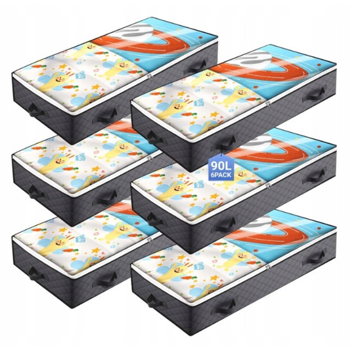 Set 6x Organizatoare pentru Imbracaminte si Lenjerie sub Pat, Capacitate Mare, Gri, 90L