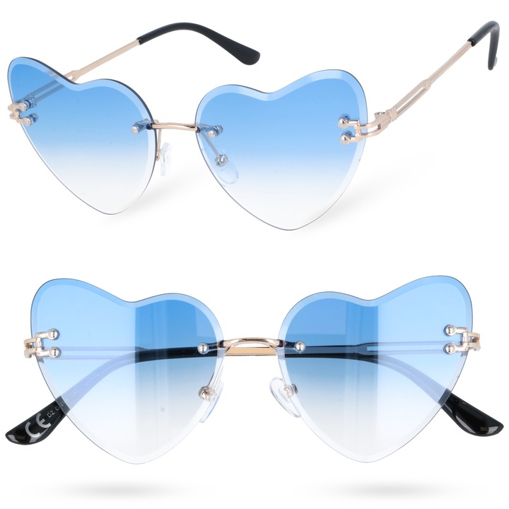 Ochelari de Soare Dama Moramo Heart, UV-400, Albastru Gradient, Rama Metalica, Design Inima