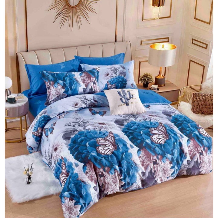 Lenjerie de pat dublu, 2 persoane, bumbac Finet, 6 Piese, Cearceaf de pat cu elastic 230x250 cm, Cearceaf pilota 200 x 230 cm, 2 fete de perna 70 x 70 cm, 2 fete de perna 50 x 70cm, MHR-1845