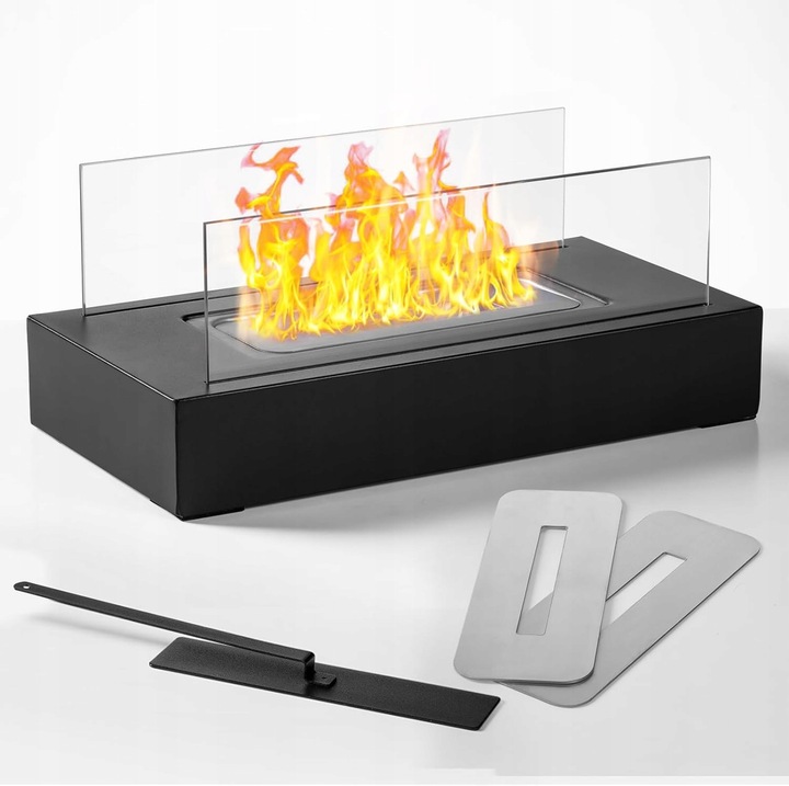 Complet set biocominek decorativ, 1x baza, 2x sticla securizata, 1x camera ardere, 1x stingator, inox, fara marca