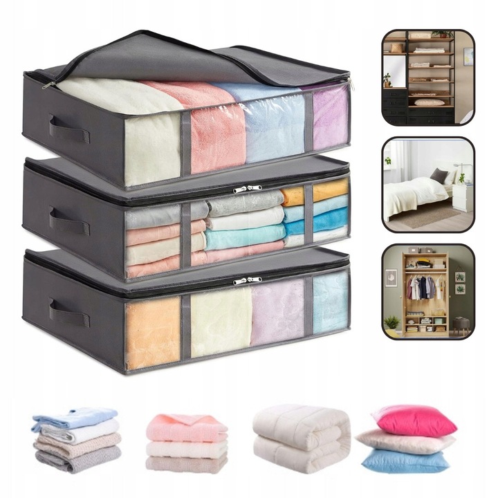 Set 3 Genti de Stocare Sub Pat, Pliabile, pentru Imbracaminte, Gri, 100x50x18cm