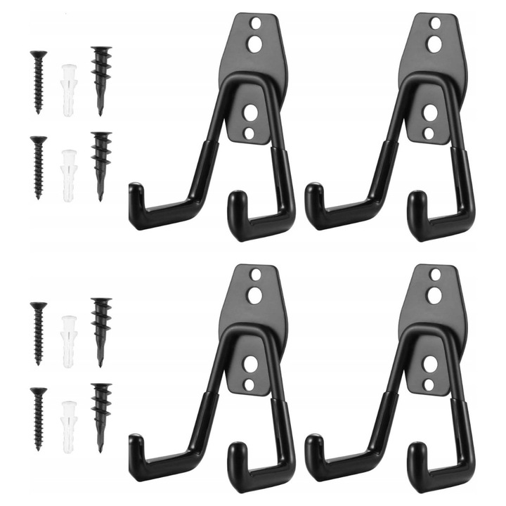 4 db garázskampó készlet, szerszámrendező, strapabíró, 11x7x6,5cm, fekete