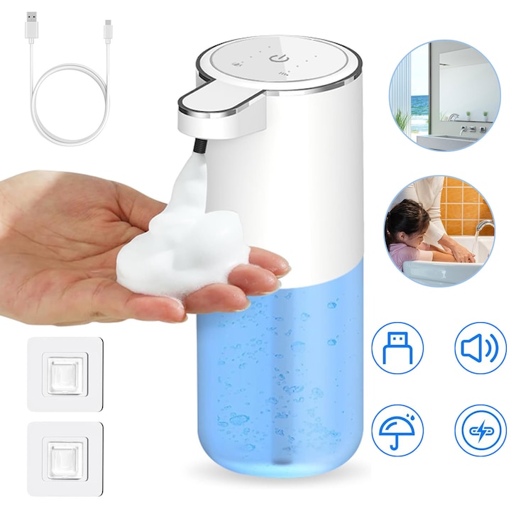 Automata szappanadagoló, 400 ml kapacitású, fehér, 500 mAh akkumulátorral, IPX5 vízálló, teljes készlet