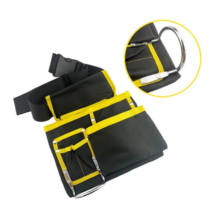 Borseta Profesionala pentru Scule, Organizator Curea cu Compartimente Multiple, Suport Unelte pentru Constructori, Electricieni, Instalatori, Material Rezistent, Negru/Galben