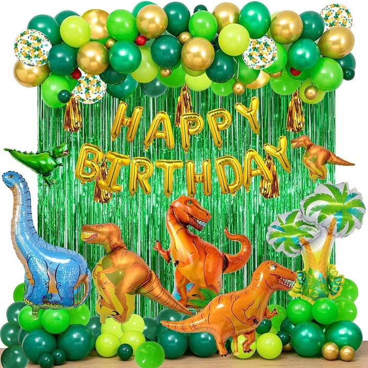 Set de decoratiuni pentru petrecere cu dinozauri, 143 piese, verde, baloane latex si folie, ideal pentru orice ocazie
