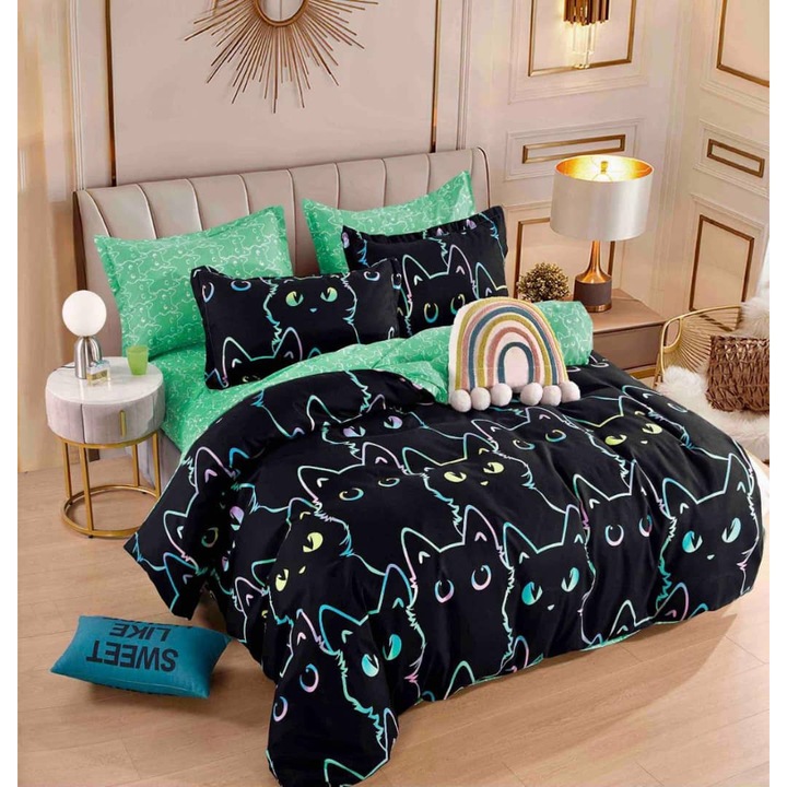 Lenjerie de pat dublu, 2 persoane, bumbac Finet, 6 Piese, Cearceaf de pat cu elastic 230x250 cm, Cearceaf pilota 200 x 230 cm, 2 fete de perna 70 x 70 cm, 2 fete de perna 50 x 70cm, MHR-1848