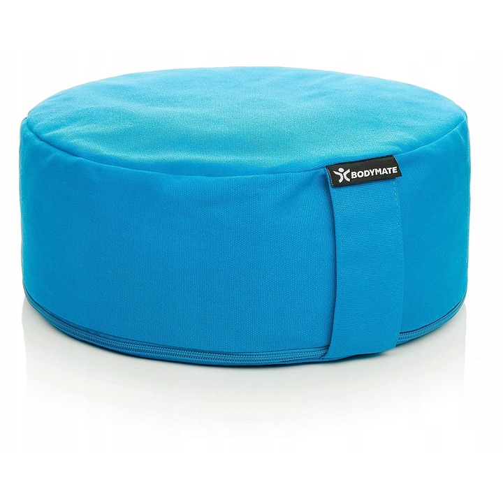 Кръгла възглавница за медитация Bodymate, 31x13 см, син цвят, пълнеж от люспи от елда, калъф от 100% памук
