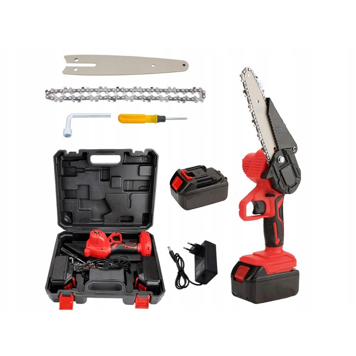 Vezeték nélküli láncfűrész, 6 hüvelykes, 21V, 2 akkumulátor, teljes készlet