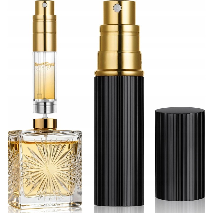 Atomizor mini pentru parfum 5 ml, negru cu dungi, set cu 2 adaptoare de umplere