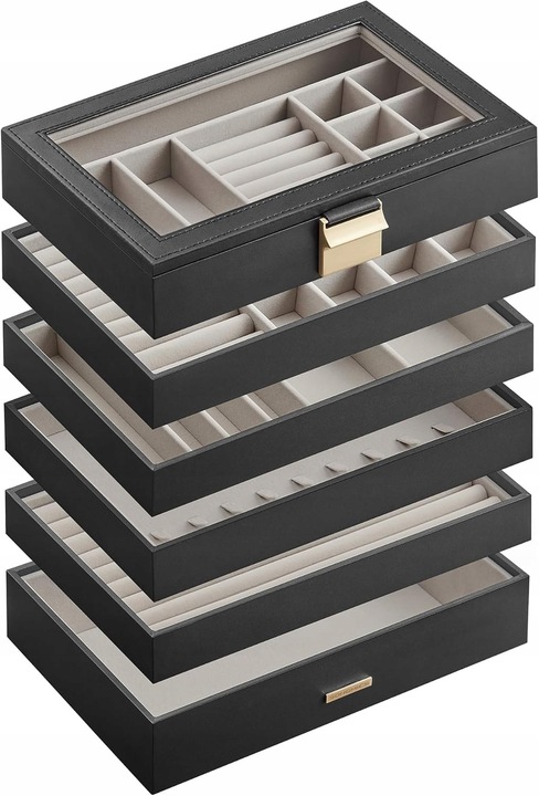 Кутия за бижута, 6 нива, бяла, 17x28x25,3см, органайзер със стъклен капак