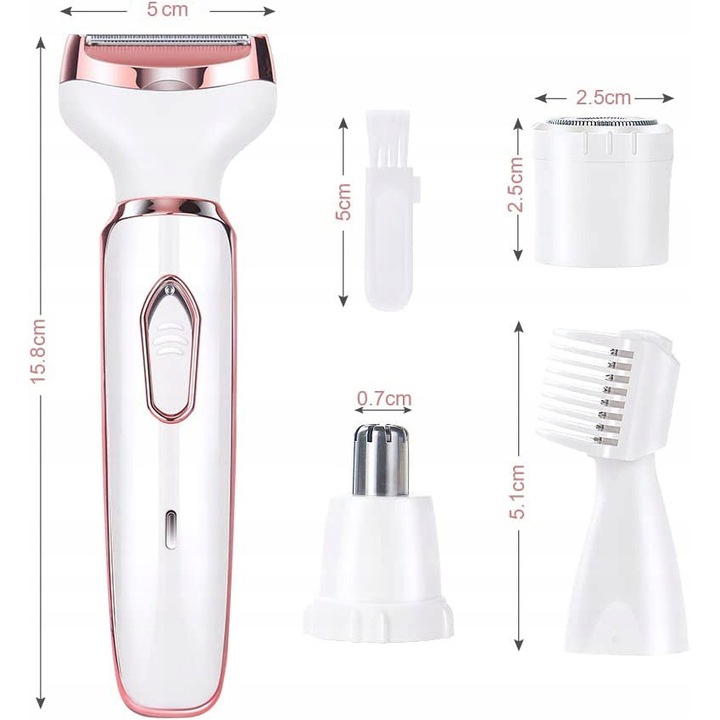 Set epilator fara fir pentru femei 4 in 1, alb/roz, 15,8x5cm, pentru fata/picioare/axile/nas