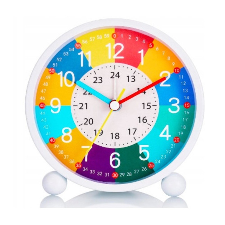 Ceas desteptator analogic pentru copii, alb, cu alarma puternica si lampa de noapte, 11x14cm