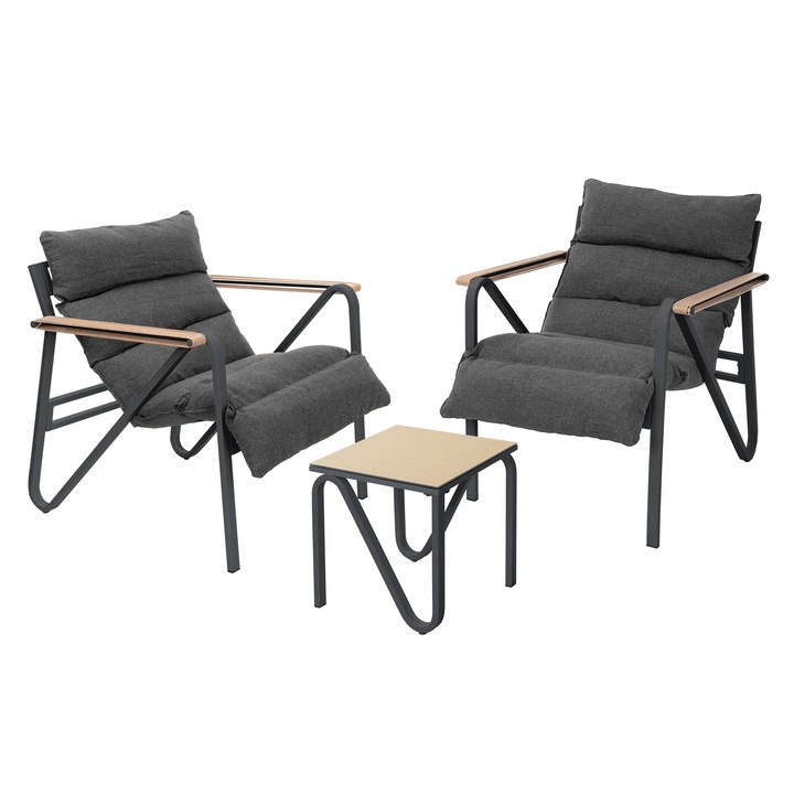 Set mobilier de gradina/terasa pentru exterior ML-Design 3 piese, gri-antracit, 2x scaune cu perne incluse, 1x masa cu blat din sticla ceramica, structura din otel rezistenta la intemperii, pentru balcon, piscina