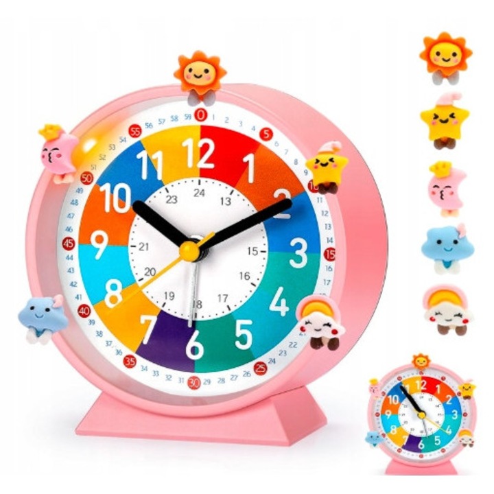Analóg ébresztőóra gyerekeknek, zajtalan, éjszakai lámpa, 10x4cm, 5 dekorációval