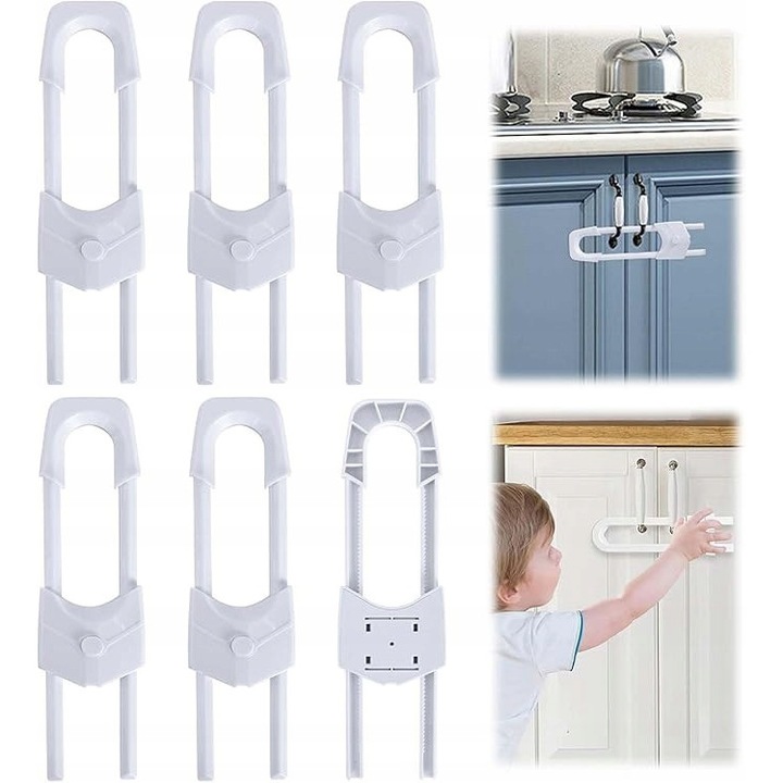 Set 6 sisteme de siguranta pentru usi si sertare, reutilizabile, forma U, universal, pentru protectia copiilor