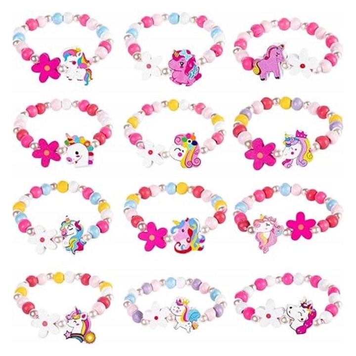 Set bratari din lemn cu margele, 12 bucati, culori vesele, 14 cm