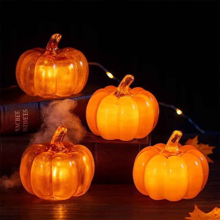 Set decorativ de toamna cu 4 dovleci LED aurii, accesorii decorative