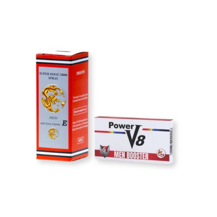 Pachet pentru barbati: Capsule potenta Power V8, 4 buc + Spray Super Dooz 34000, 45 ml
