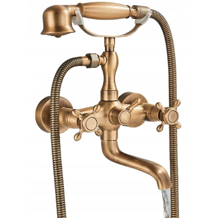 Retró kád- és zuhanycsaptelep sárgarézből, kétkaros, forgatható kifolyóval, 13.5-17cm, sárgaréz