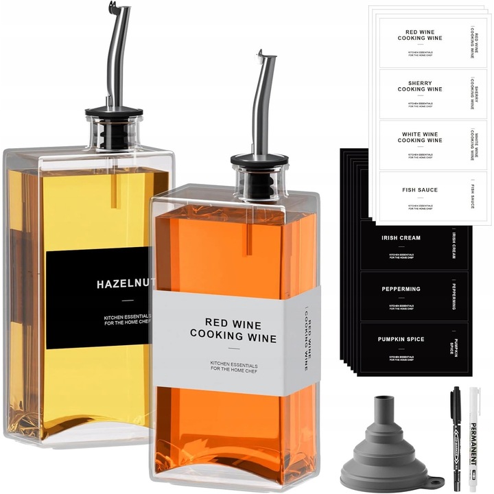 Set butelki din sticla patrate 2x500ml, pentru ulei si otet, transparent