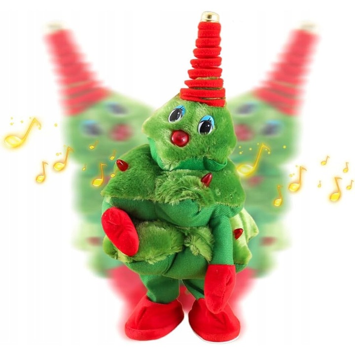 Brad interactiv cantator si dansator, 40 cm, verde, cu lumini LED si functie de inregistrare, 8 colinde