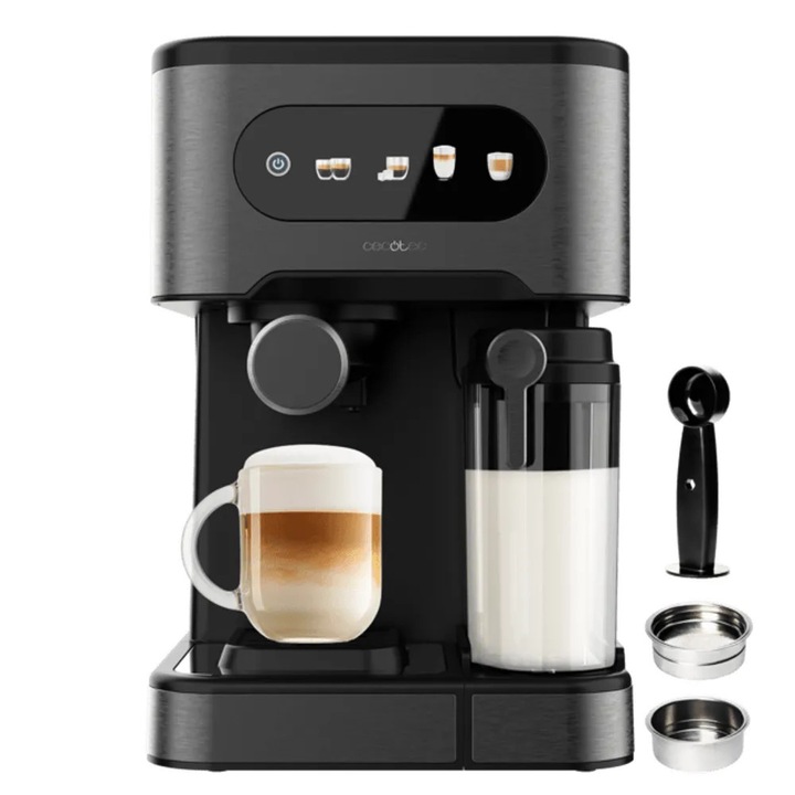 Espressor semiautomat Cecotec, Power Espresso, sistem ColdBrew, ideal pentru espresso/cappuccino/latte macchiato, compatibil cu cafea macinata, pompa puternica 20 bari, tava incalzitoare cesti, panou de control tactil color, antracit