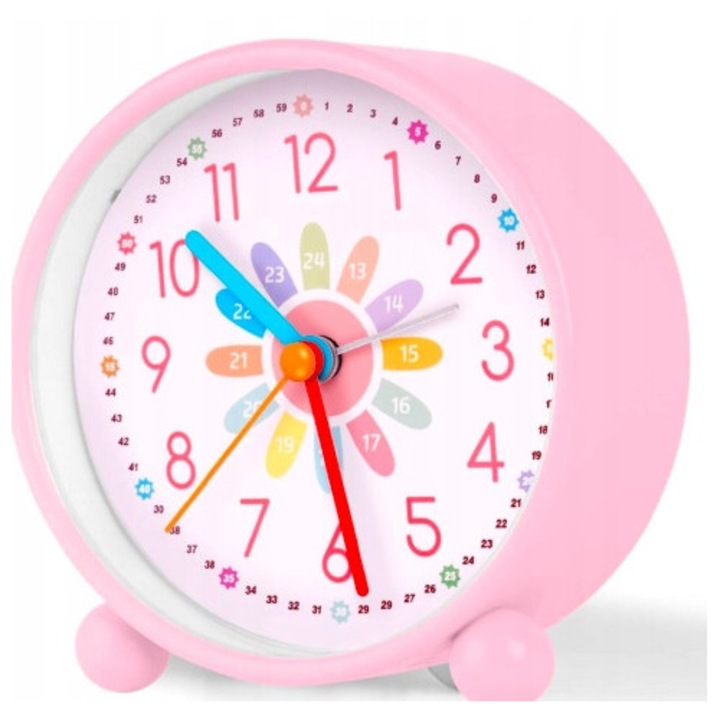 Ceas desteptator analogic pentru copii, 10 cm, mecanism silentios, design educational 1-24, material ABS