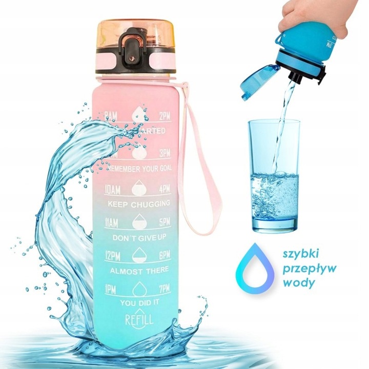 Бутилка с вместимост 1L, розово-синя, с времеви маркери, за спорт и ежедневна употреба, размери 28x7,5см