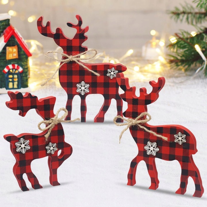 Set decorativ Craciun, reniferi din lemn, 3 figurine, rosu, 13x8cm, 13x7cm, 13x6cm