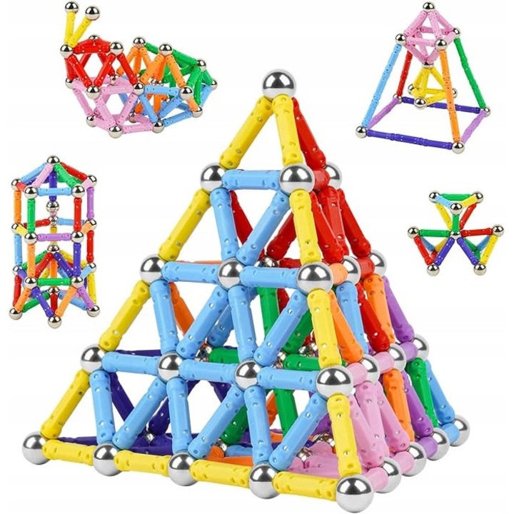 Set de constructie 144 elemente magnetice, multicolor, 3D