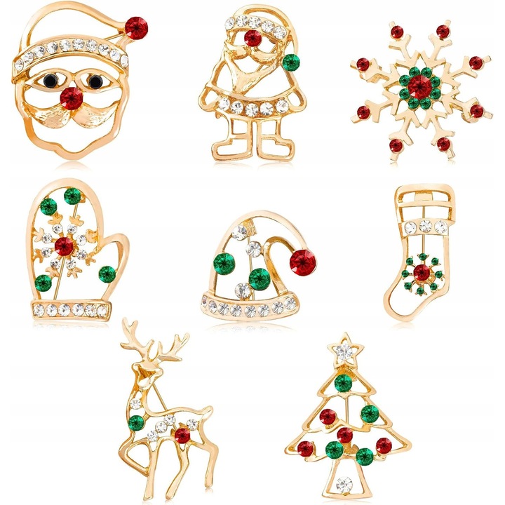 Set 8 brose festive, motive de Craciun, metal + cristale strass, diverse modele