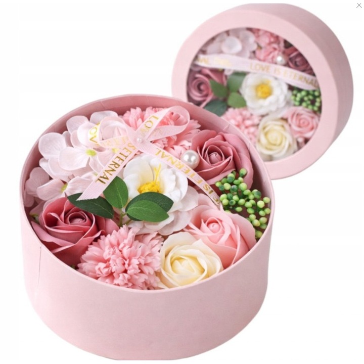 Buchet de trandafiri din sapun, Ecarla, cutie decorativa, diametru 16cm, inaltime 8cm, aroma relaxanta