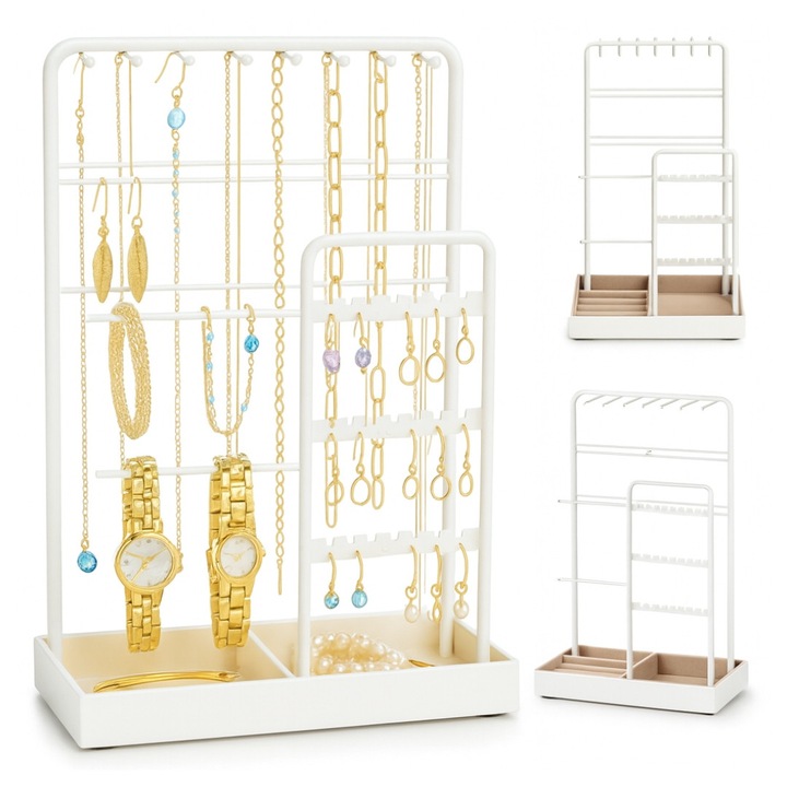 Органайзер за бижута, бял, с кадифена тава, 30см, голям капацитет, комплект