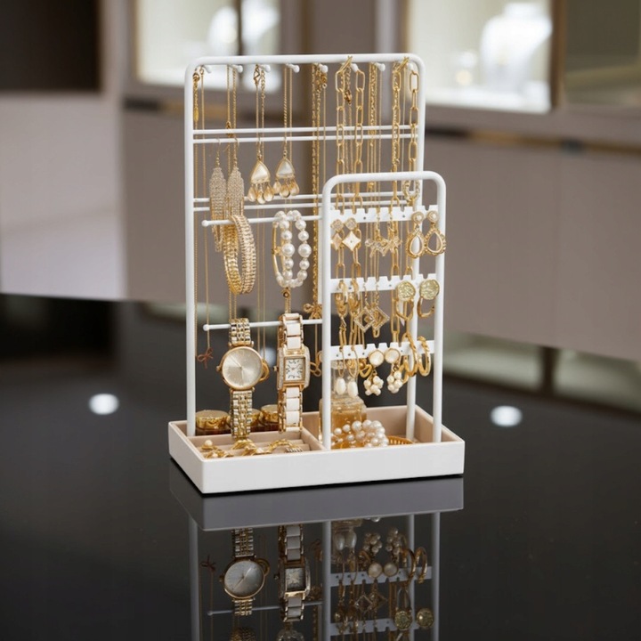 Органайзер за бижута, бял, с кадифена тава, 30см, голям капацитет, комплект