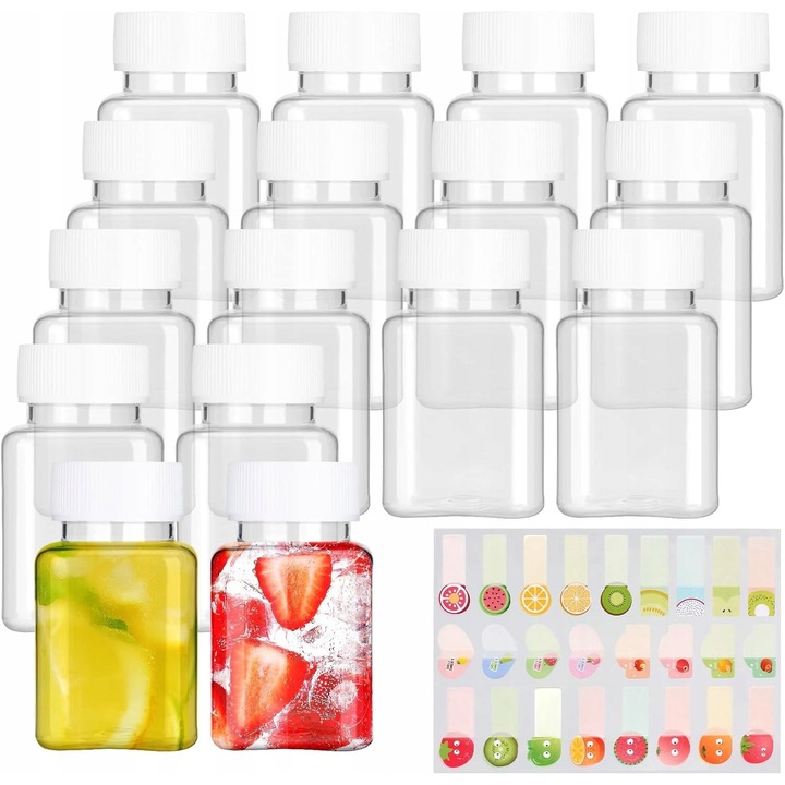 Set 16 mini butelki transparente 100 ml, reutilizabile, cu etichete, pentru shoturi si bauturi