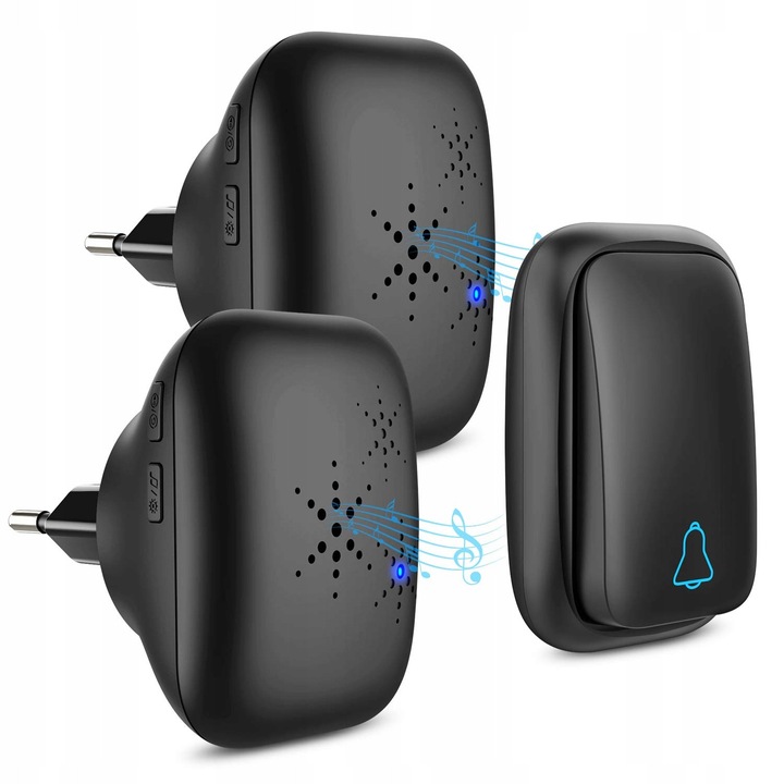 Sonerie electrica fara fir, 150m, 2 receptoare, 37 sunete, neagra