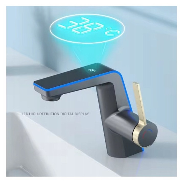 Baterie umywalka cu LED si display digital, neagra cu accente aurii, set complet