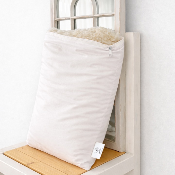 Perna Lana Merino 100% LanaWool 35x54 cm Fermitate Mica 250 g Exterior Bumbac OekoTex Clasa 1 cu Fermoar, Alb