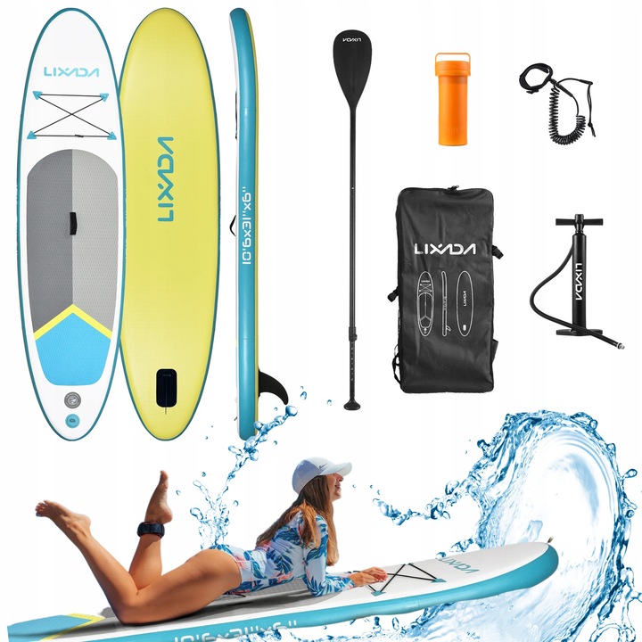 Комплект SUP дъска Lixada 320 см, зелен + бял + жълт, с регулируеми гребла и помпа