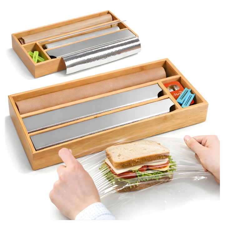 Dispenser folii alimentare, din bambus, organizator cu taietor, 42x19x5,4cm, pentru folie alimentara si hartie de copt