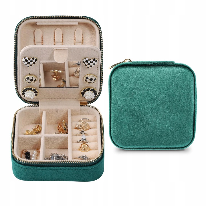 Кутия за бижута, зелена, 10,03x10,03x5см, за жени и момичета, с огледало, компактен комплект