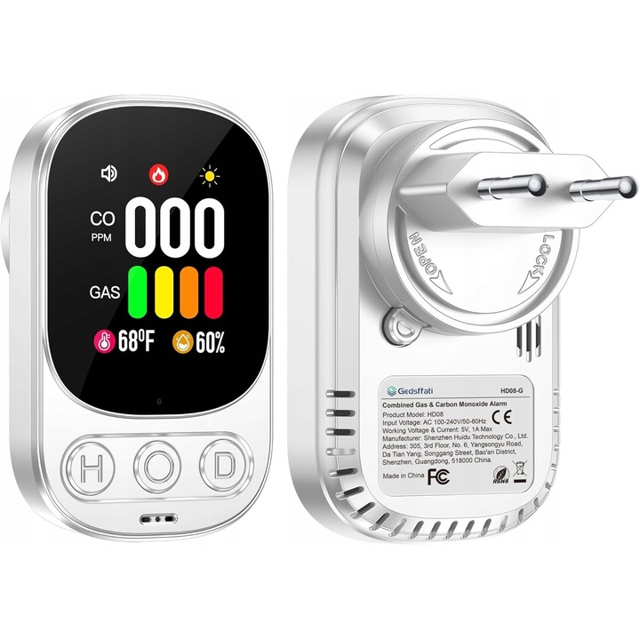 Detector gaz si monoxid de carbon, LCD, alb, alimentare AC 100-240V
