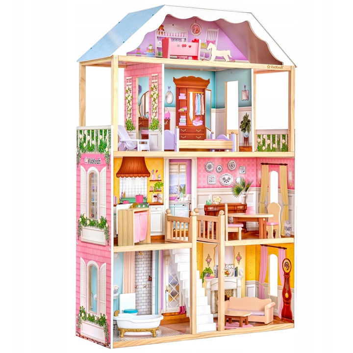 KidKraft Charlotte fa babaház, 14 darabos bútorkészlet, 4 szintes, többszínű, 125cm