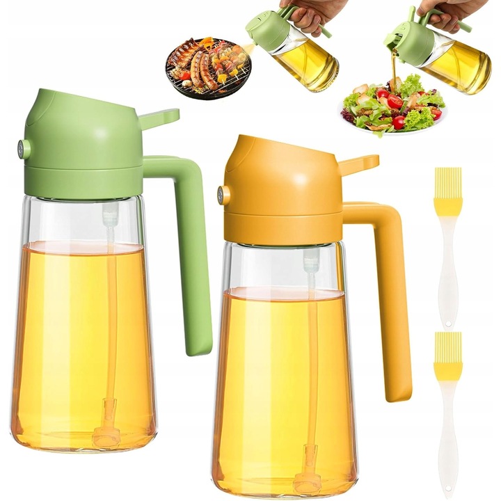 Set dozatoare sticla 2 in 1 pentru ulei, 470 ml, verde si portocalie, 2 bucati