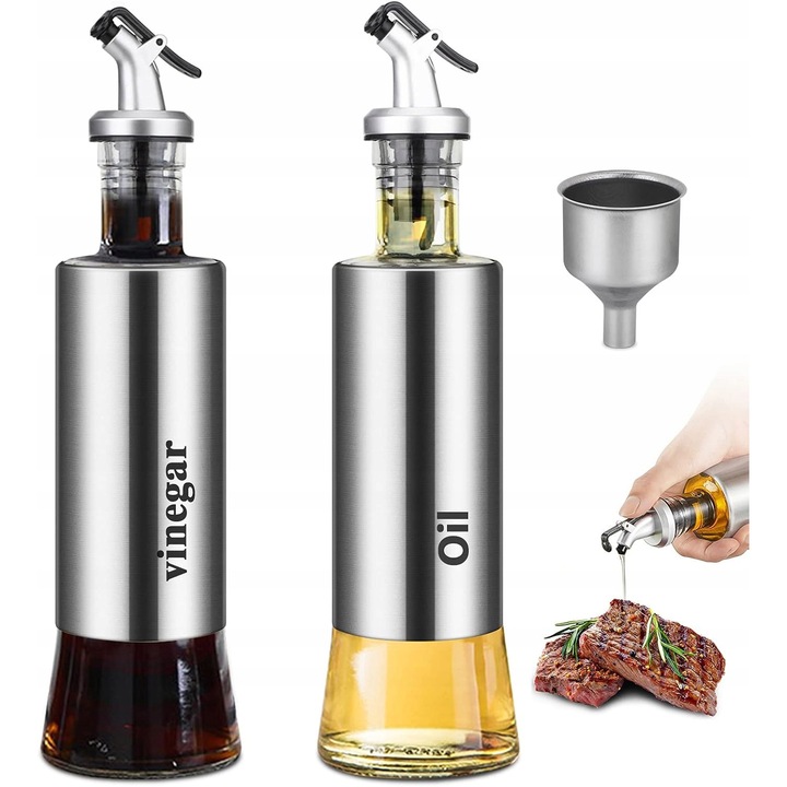 Set dozatori sticla pentru ulei si otet, 300 ml, 2 bucati, inox, design elegant, 6,5x25cm
